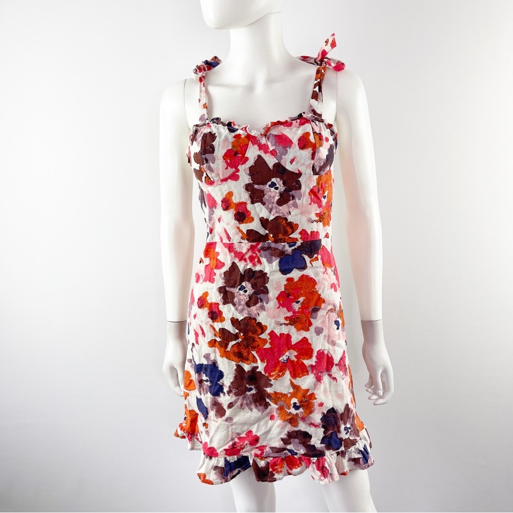 Luna Chi Watercolor Floral Sleeveless Ruffle Mini Sun Dress Linen Blend Size S